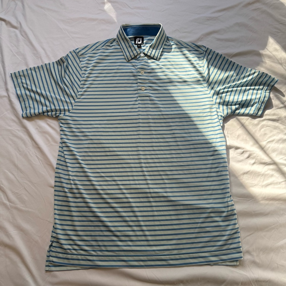 FootJoy Striped Performance Polo – Blue & White | Men’s Large | Embroidered